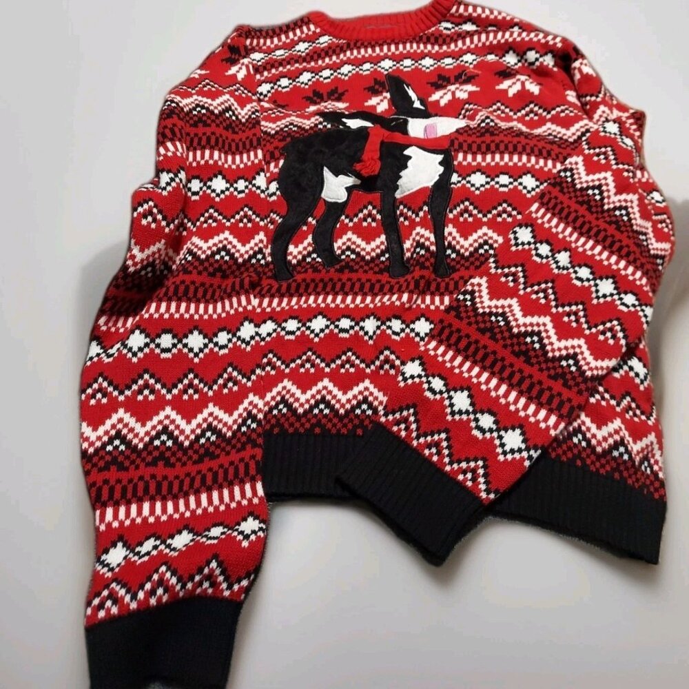 33 Degrees Boston Terrier Dog Sweater Mens XL Red Black‎ Print Christmas Holiday